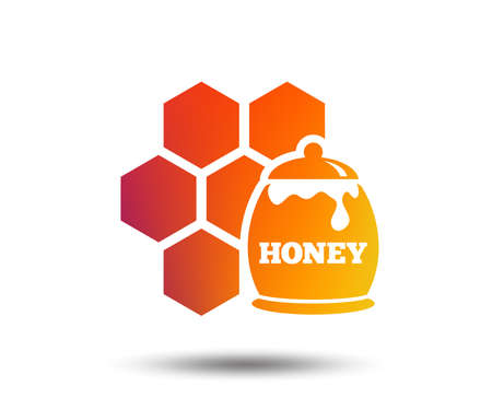 Honey in pot and honeycomb sign icon. Honey cells symbol. Sweet natural food. Blurred gradient design element. Vivid graphic flat icon. Vectorのイラスト素材