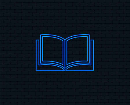 Neon light. Book sign icon. Open book symbol. Glowing graphic design. Brick wall.のイラスト素材