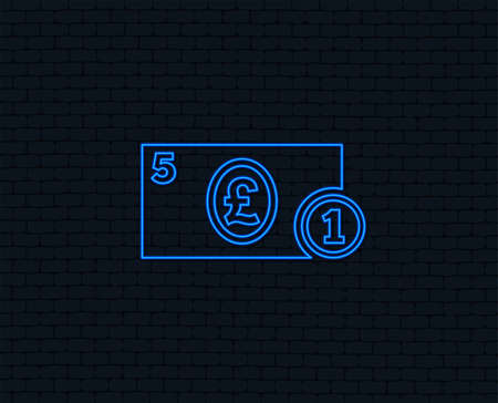 Neon light. Cash sign icon. Pound Money symbol. GBP Coin and paper money. Glowing graphic design. Brick wall. Vectorのイラスト素材