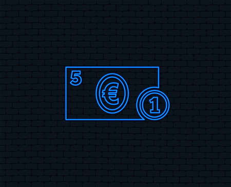 Neon light. Cash sign icon. Euro Money symbol. EUR Coin and paper money. Glowing graphic design. Brick wall. Vectorのイラスト素材