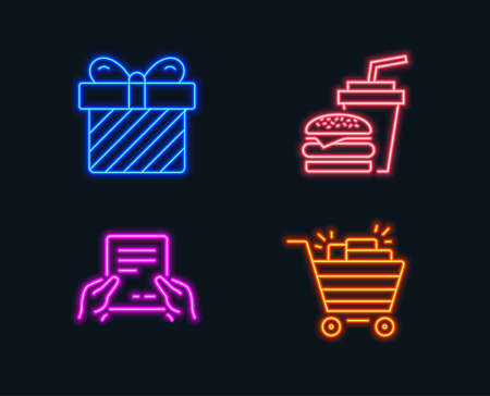 Neon lights. Set of Surprise, Hamburger and Receive file icons. Shopping cart sign. Present with bow, Burger with drink, Hold document. Gifts.  Glowing graphic designs. Vectorのイラスト素材