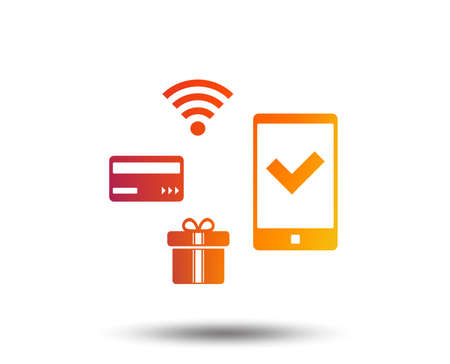 Wireless mobile payments icon. Smartphone, credit card and gift symbol. Blurred gradient design element. Vivid graphic flat icon. Vectorのイラスト素材