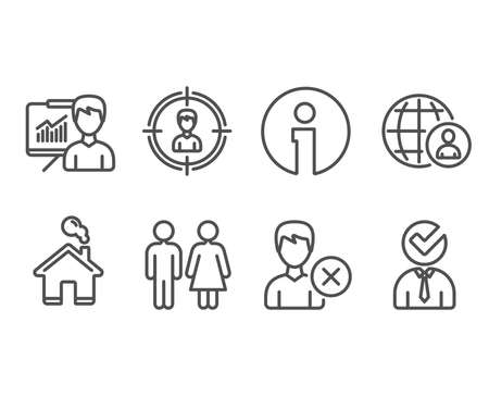 Set of Headhunting, Presentation and Restroom icons. Remove account, International recruitment and Vacancy signs. Person in target, Education board, Wc toilet. Vectorのイラスト素材