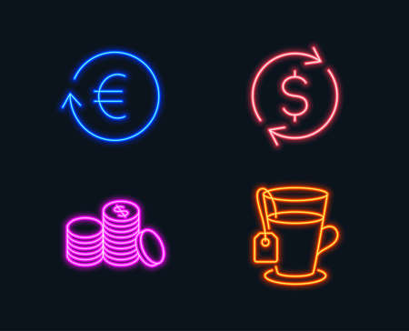 Neon lights. Set of Dollar exchange, Exchange currency and Banking money icons. Tea sign. Banking rates, Cash finance, Glass mug.  Glowing graphic designs. Vectorのイラスト素材