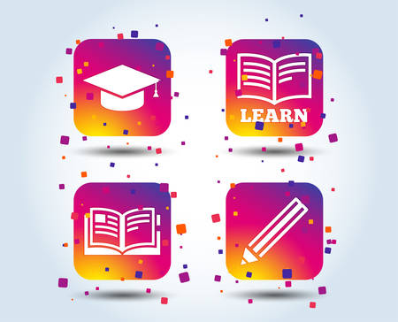 Pencil and open book icons. Graduation cap symbol. Higher education learn signs. Colour gradient square buttons. Flat design concept. Vectorのイラスト素材