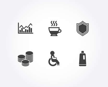 Set of Doppio, Tips and Infochart icons. Security, Disabled and Shampoo signs. Coffee drink, Cash coins, Stock exchange. Protection shield, Handicapped wheelchair, Bath cleanser. Vectorのイラスト素材