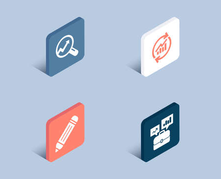 Set of Update data, Analytics and Pencil icons. Business portfolio sign. Sales statistics, Audit analysis, Edit data. Job interview.  3d isometric buttons. Flat design concept. Vectorのイラスト素材