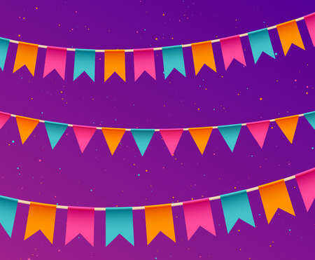 Banner with garland. Festive background with flags. Party invitation template. Traditional festive celebration. Festa Junina holidays banner. Festival colorful decoration. Vectorのイラスト素材