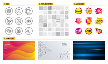 Seamless pattern. Shopping mall banners. Set of Education idea, Approved shield and Feather...