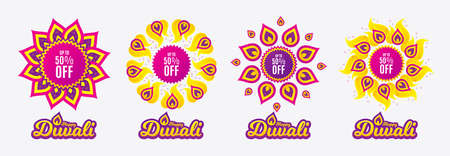 Ilustración de Diwali sales banners. Up to 50% off Sale. Discount offer price sign. Special offer symbol. Save 50 percentages. Diwali hindu festival of lights. Shopping tags. Vector - Imagen libre de derechos