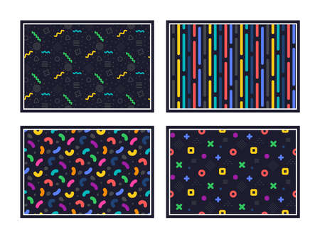 Geometric pattern. Abstract seamless texture. Colorful geometric figures or shapes. Swatches with graphic pattern. Hipster fashion Memphis style texture. Abstract line decoration composition. Vectorのイラスト素材