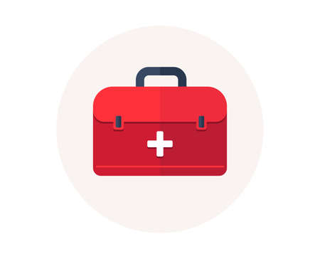 First aid bag icon. Medical box. Emergency health care kit. Colorful icon in circle button. First aid kit or medical equipment case. Emergency services. Vectorのイラスト素材