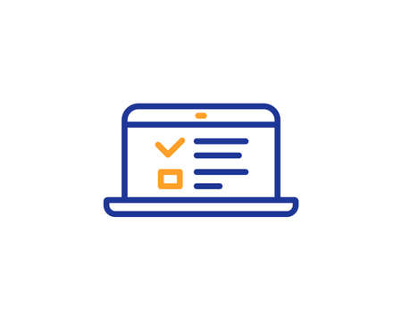 Online Education line icon. Notebook or Laptop sign. Web Presentation or Internet Lectures symbol. Colorful outline concept. Blue and orange thin line color icon. Web lectures Vectorのイラスト素材