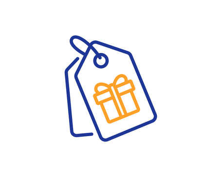 Coupons with Gifts line icon. Present box or Sale sign. Birthday Shopping symbol. Package in Gift Wrap. Colorful outline concept. Blue and orange thin line color icon. Coupons Vectorのイラスト素材
