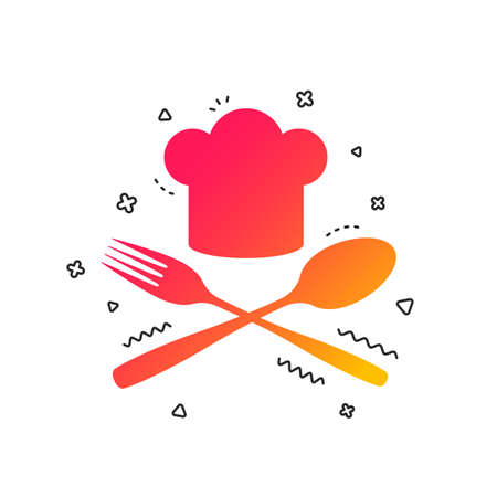 Chef hat sign icon. Cooking symbol. Cooks hat with fork and spoon. Colorful geometric shapes. Gradient cook icon design.  Vectorのイラスト素材
