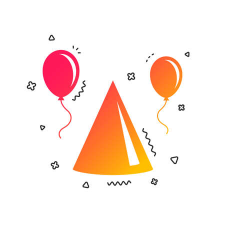 Party hat sign icon. Birthday celebration symbol. Air balloon with rope. Colorful geometric shapes. Gradient party hat icon design.  Vectorのイラスト素材