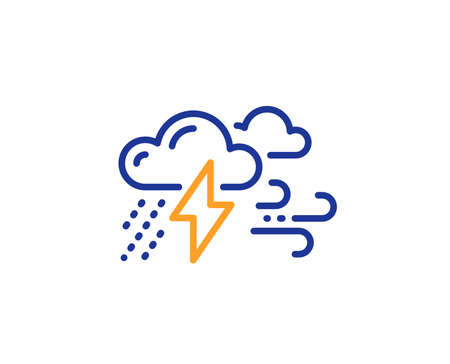 Clouds with raindrops, lightning, wind line icon. Bad weather sign. Colorful outline concept. Blue...