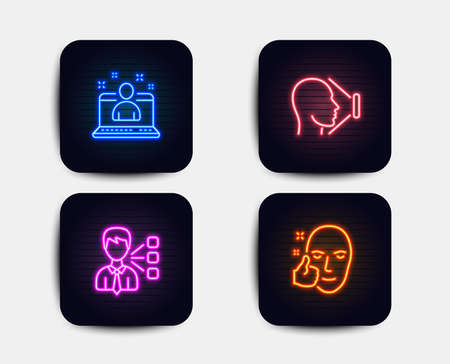 Neon set of Third party, Best manager and Face id icons. Healthy face sign. Team leader, Best developer, Identification system. Healthy cosmetics. Neon icons. Glowing light bannersのイラスト素材