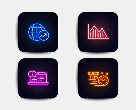 Neon set of Online documentation, Investment graph and World statistics icons. Quick tips sign. Web engineering, Investment infochart, Global report. Helpful tricks. Neon icons. Vectorのイラスト素材