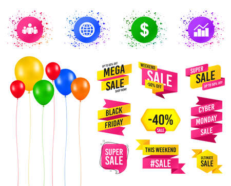 Balloons party. Sales banners. Business icons. Graph chart and globe signs. Dollar currency and group of people symbols. Birthday event. Trendy design. Vectorのイラスト素材