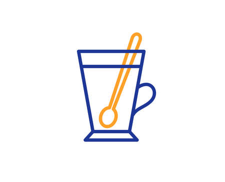 Cup with spoon line icon. Fresh beverage sign. Latte or Coffee symbol. Colorful outline concept. Blue and orange thin line color icon. Tea mug Vectorのイラスト素材