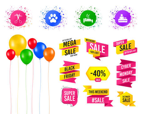 Balloons party. Sales banners. Hotel services icons. With pets allowed in room signs. Hairdresser or barbershop symbol. Reception registration table. Quiet sleep. Birthday event. Trendy design. Vectorのイラスト素材