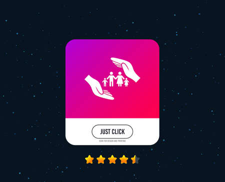 Family life insurance sign icon. Hands protect human group symbol. Health insurance. Web or internet icon design. Rating stars. Just click button. Vectorのイラスト素材