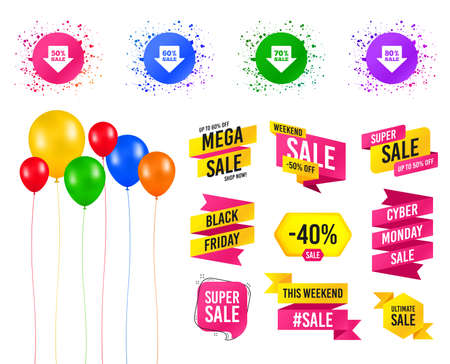 Balloons party. Sales banners. Sale arrow tag icons. Discount special offer symbols. 50%, 60%, 70% and 80% percent sale signs. Birthday event. Trendy design. Vectorのイラスト素材