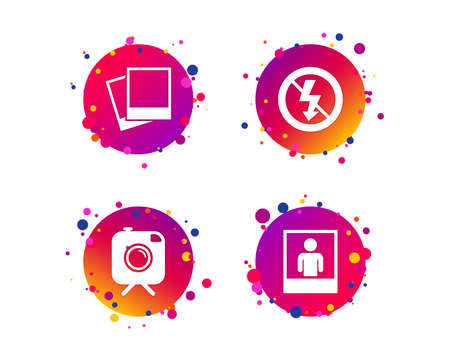 Hipster retro photo camera with mustache icon. No flash light symbol. Human selfie portrait photo frame. Gradient circle buttons with icons. Random dots design. Vectorのイラスト素材