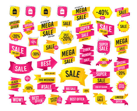 Sales banner. Super mega discounts. Sale price tag icons. Discount special offer symbols. 30%, 50%, 70% and 90% percent discount signs. Black friday. Cyber monday. Vectorのイラスト素材