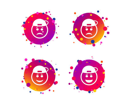 Rapper smile face icons. Happy, sad, cry signs. Happy smiley chat symbol. Sadness depression and crying signs. Gradient circle buttons with icons. Random dots design. Vectorのイラスト素材
