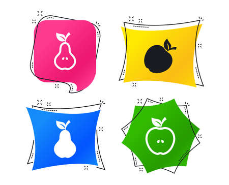 Fruits with leaf icons. Apple and Pear with seeds signs. Natural food symbol. Geometric colorful tags. Banners with flat icons. Trendy design. Vectorのイラスト素材