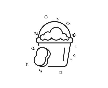 Cleaning bucket with sponge line icon. Washing Housekeeping equipment sign. Geometric shapes. Random cross elements. Linear Sponge icon design. Vectorのイラスト素材
