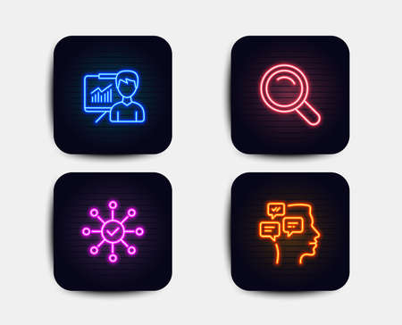Neon set of Search, Presentation and Survey check icons. Messages sign. Magnifying glass, Education board, Correct answer. Notifications. Neon icons. Glowing light banners. Vectorのイラスト素材