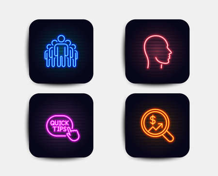 Neon set of Head, Quick tips and Group icons. Currency audit sign. Human profile, Helpful tricks, Managers. Money chart. Neon icons. Glowing light banners. Vectorのイラスト素材