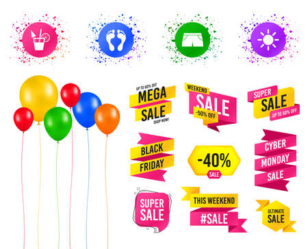 Balloons party. Sales banners. Beach holidays icons. Cocktail, human footprints and swimming trunks signs. Summer sun symbol. Birthday event. Trendy design. Vectorのイラスト素材