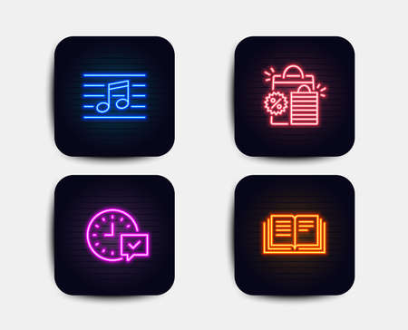 Neon set of Shopping bags, Musical note and Select alarm icons. Education sign. Sale discount, Music, Time symbol. Instruction book. Neon icons. Glowing light banners. Vectorのイラスト素材