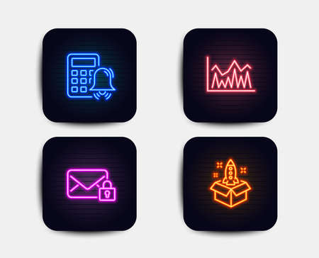 Neon set of Calculator alarm, Secure mail and Investment icons. Startup sign. Accounting, Private e-mail, Economic statistics. Innovation. Neon icons. Glowing light banners. Vectorのイラスト素材