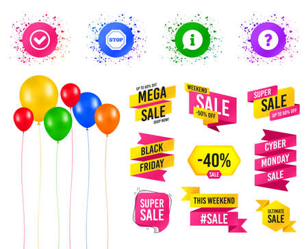 Balloons party. Sales banners. Information icons. Stop prohibition and question FAQ mark signs. Approved check mark symbol. Birthday event. Trendy design. Vectorのイラスト素材