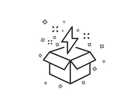 Out of the box line icon. Creativity sign. Gift box with lightning bolt symbol. Geometric shapes. Random cross elements. Linear Creative idea icon design. Vectorのイラスト素材