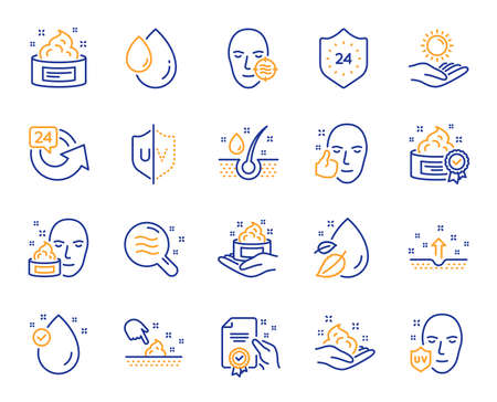 Skin care cosmetic line icons. Cream, Serum drop and Face gel or lotion icons. Uv protection. Oil, Vitamin E and Collagen symbols. 24 hour face care cream protection. Medical skin cosmetic. Vectorのイラスト素材