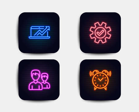 Neon set of Sales diagram, Service and Couple icons. Alarm clock sign. Sale growth chart, Cogwheel gear, Two male users. Time. Neon icons. Glowing light banners. Vectorのイラスト素材