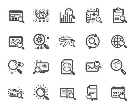 Search icons. Photo indexation, Artificial intelligence, Car rental icons. Airplane flights, Web search engine, Analytics. Find photo, checklist document, artificial intelligence eye. Vectorのイラスト素材