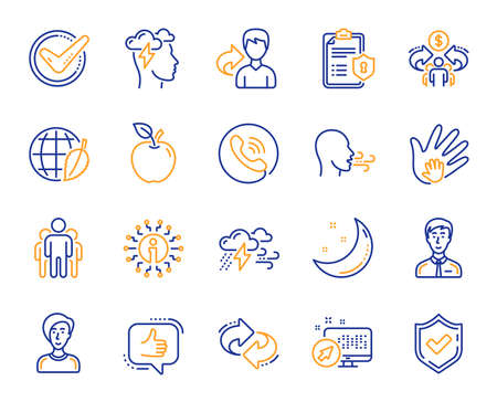 Check mark, Sharing economy and Mindfulness stress, Breath people line icons. Privacy Policy, Social Responsibility, Breath icons. Bad weather, Tick check mark, sharing refer, stress. Vectorのイラスト素材