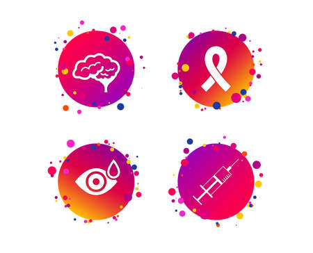 Medicine icons. Syringe, eye with drop, brain and ribbon signs. Breast cancer awareness symbol. Human smart mind. Gradient circle buttons with icons. Random dots design. Vectorのイラスト素材