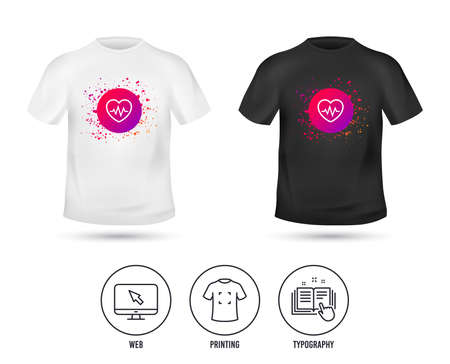 T-shirt mock up template. Heartbeat sign icon. Cardiogram symbol. Realistic shirt mockup design. Printing, typography icon. Vectorのイラスト素材