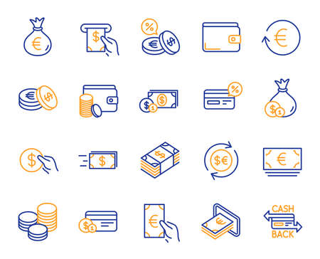 Money wallet line icons. Set of Credit card, Cash and Coins icons. Banking, Currency exchange and Cashback service. Wallet, Euro and Dollar money, credit card. Cash exchange, bank payment. Vectorのイラスト素材