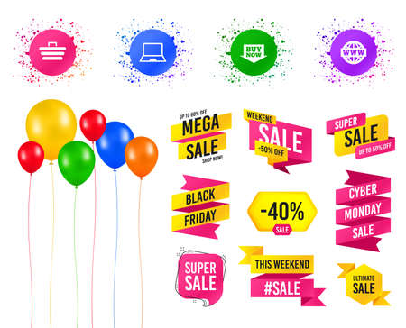 Balloons party. Sales banners. Online shopping icons. Notebook pc, shopping cart, buy now arrow and internet signs. WWW globe symbol. Birthday event. Trendy design. Vectorのイラスト素材