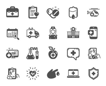Medical rx icons. Hospital assistance, Ambulance, Health food diet, Laboratory tubes icons. First aid kit, Medical doctor, Prescription Rx recipe. Drop counter, Ambulance emergency car. Vectorのイラスト素材