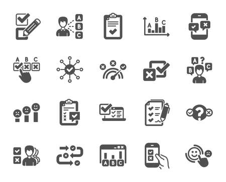 Survey or Report icons. Opinion, Customer satisfaction feedback and Test survey icons. Checklist review, Quiz and Business report symbols. Evaluation quiz, Feedback chart, Management. Vectorのイラスト素材